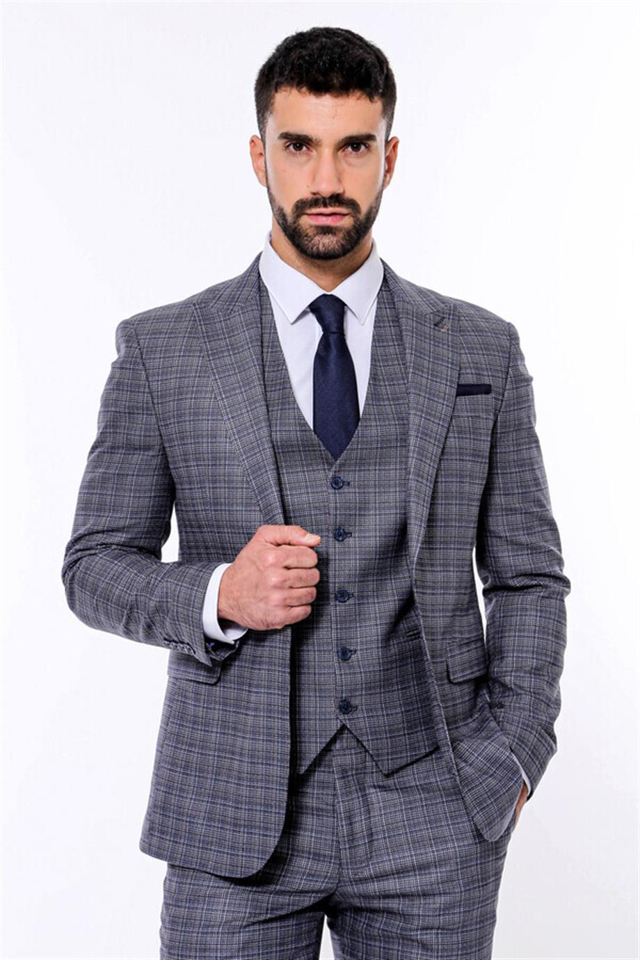 Ekose Desenli Yelekli Slim Fit Lacivert Erkek Takım Elbise