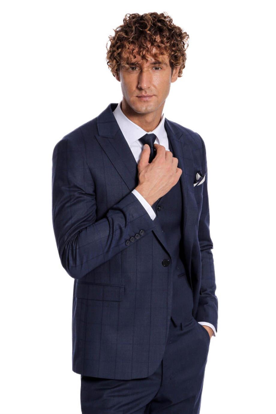 Ekose Desenli Yelekli Slim Fit Lacivert Erkek Takım Elbise
