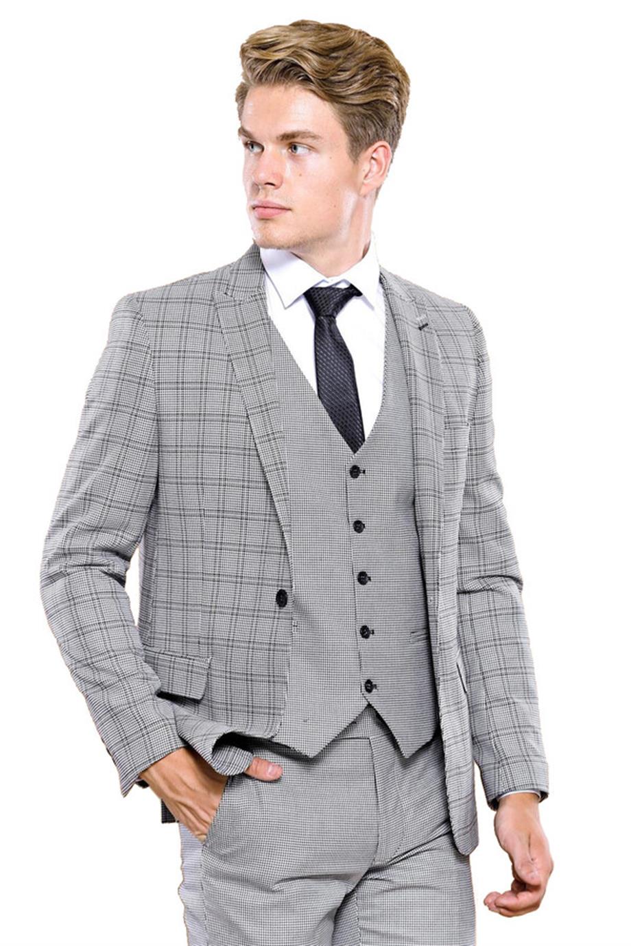 Ekose Gri Yelekli Slim Fit Takım Elbise | Wessi