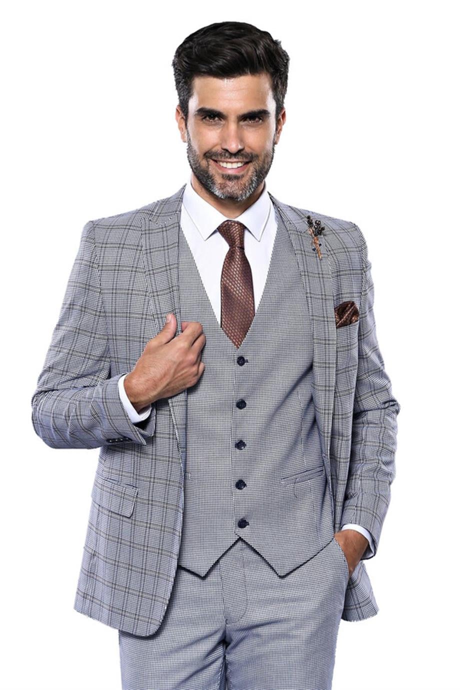 Ekose Mavi Desen Slim Fit Yelekli Takım Elbise | Wessi