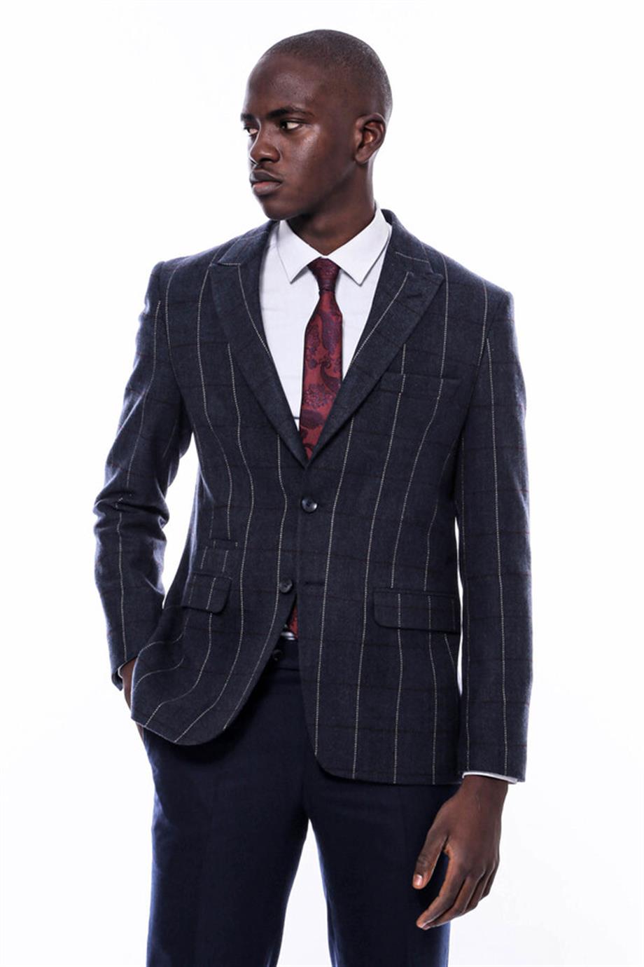 Ekose Sivri Yaka Lacivert Slim Fit Ceket