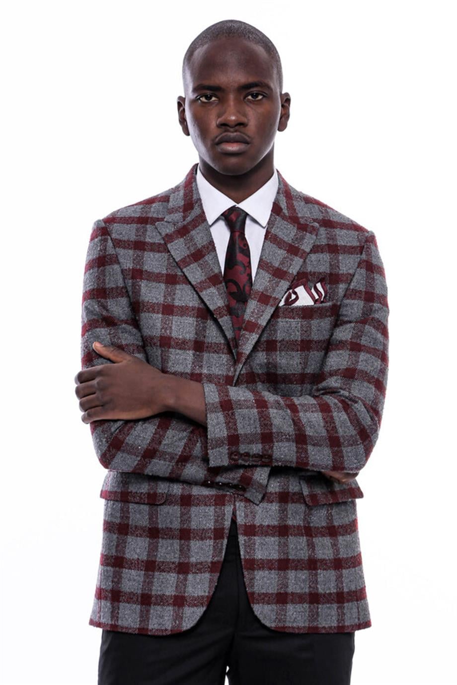 Ekose Sivri Yaka Slim Fit Bordo Erkek Ceket