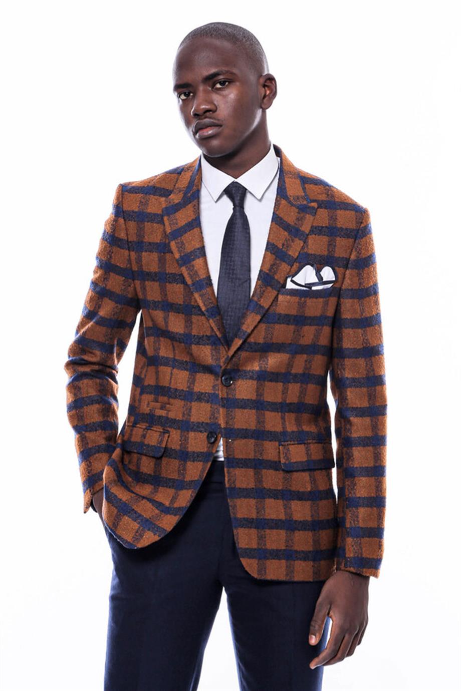 Ekose Sivri Yaka Slim Fit Taba Ceket