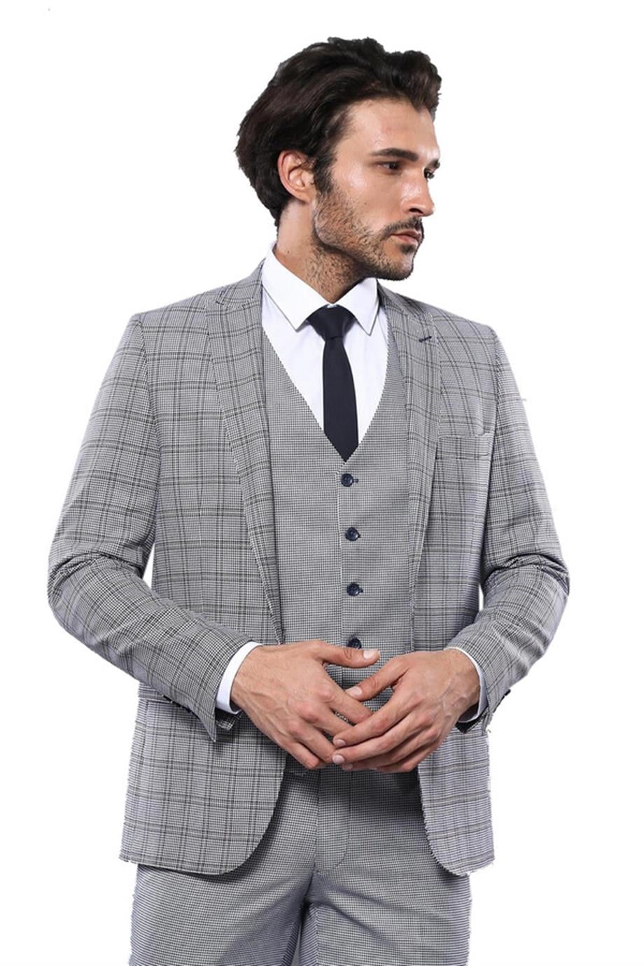 Ekose Slim Fit Açık Mavi Erkek Takım Elbise