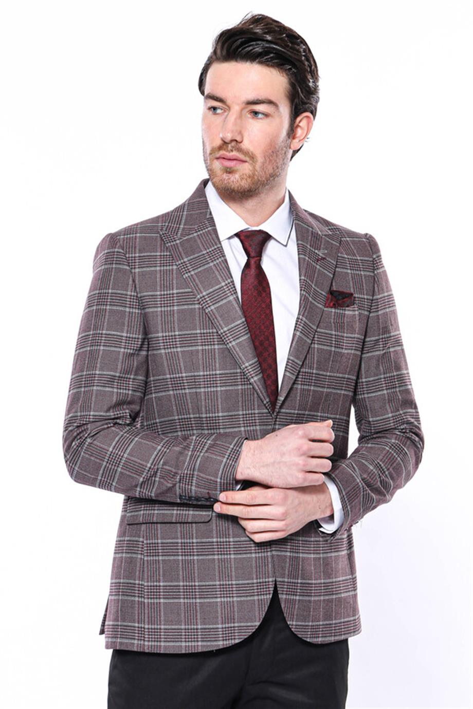 Ekose Slim Fit Bordo Erkek Ceket