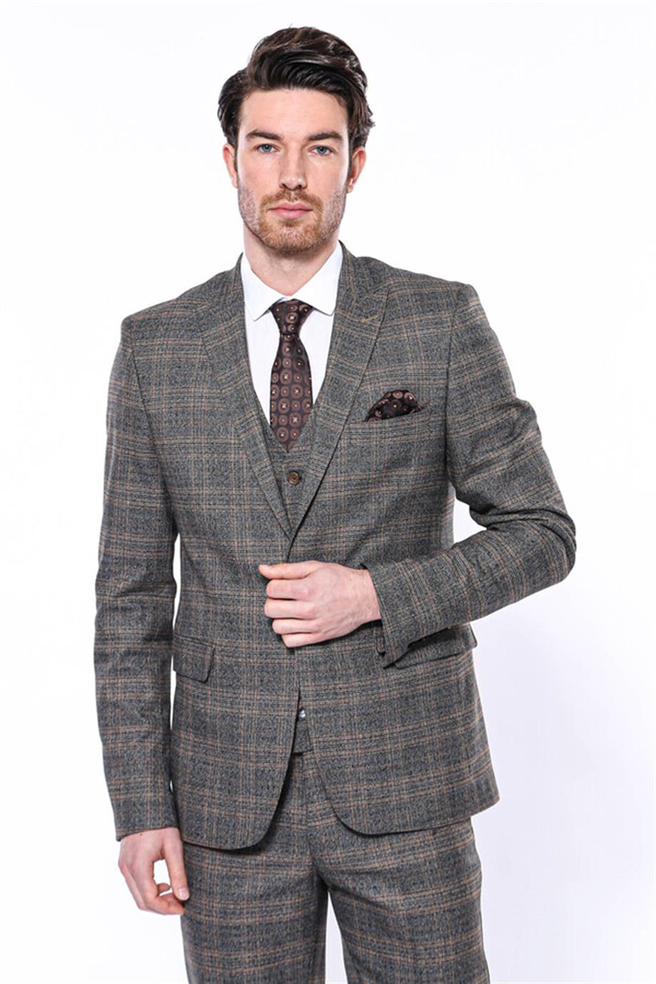 Ekose Slim Fit Füme Erkek Ceket