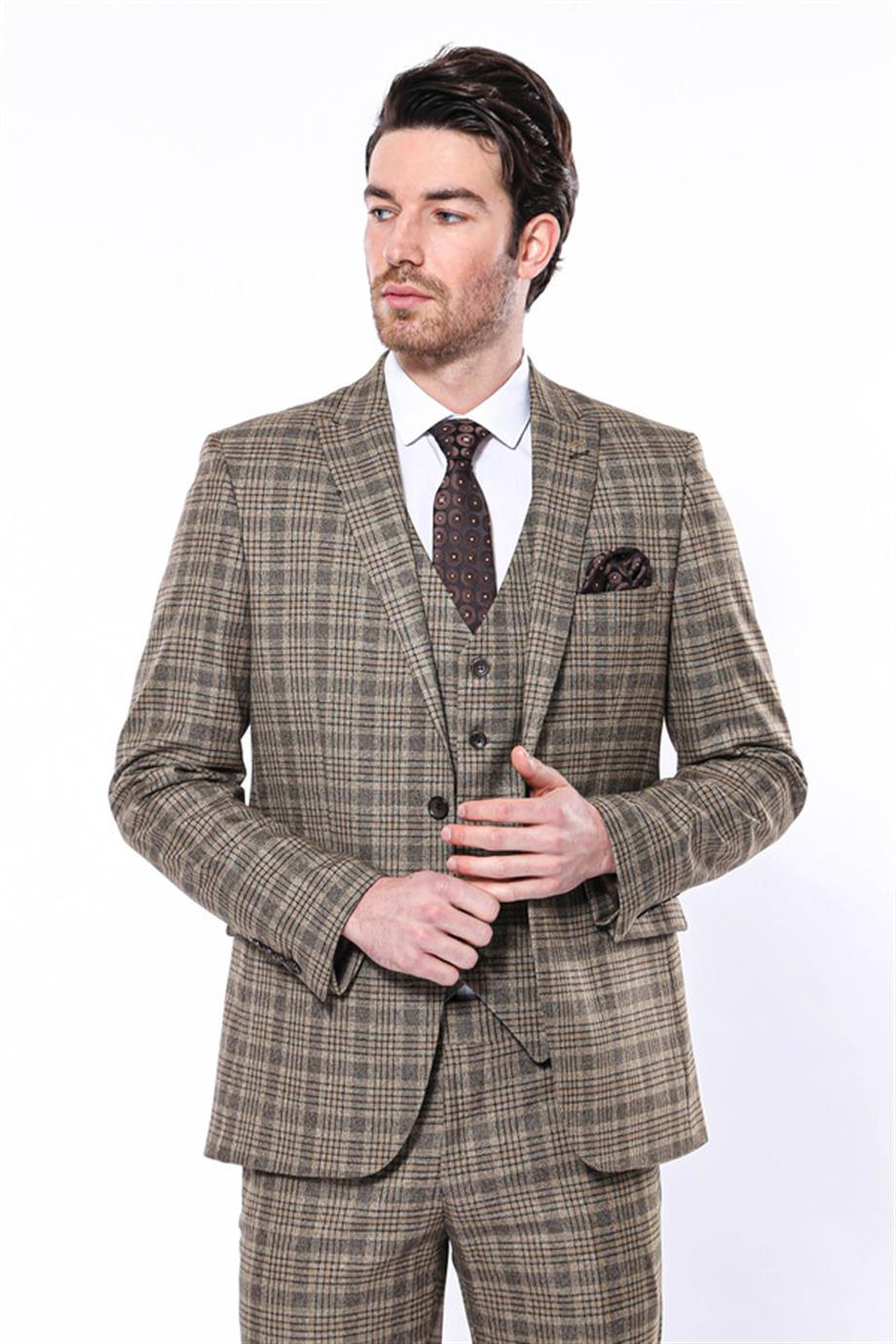 Ekose Slim Fit Kahverengi Erkek Ceket