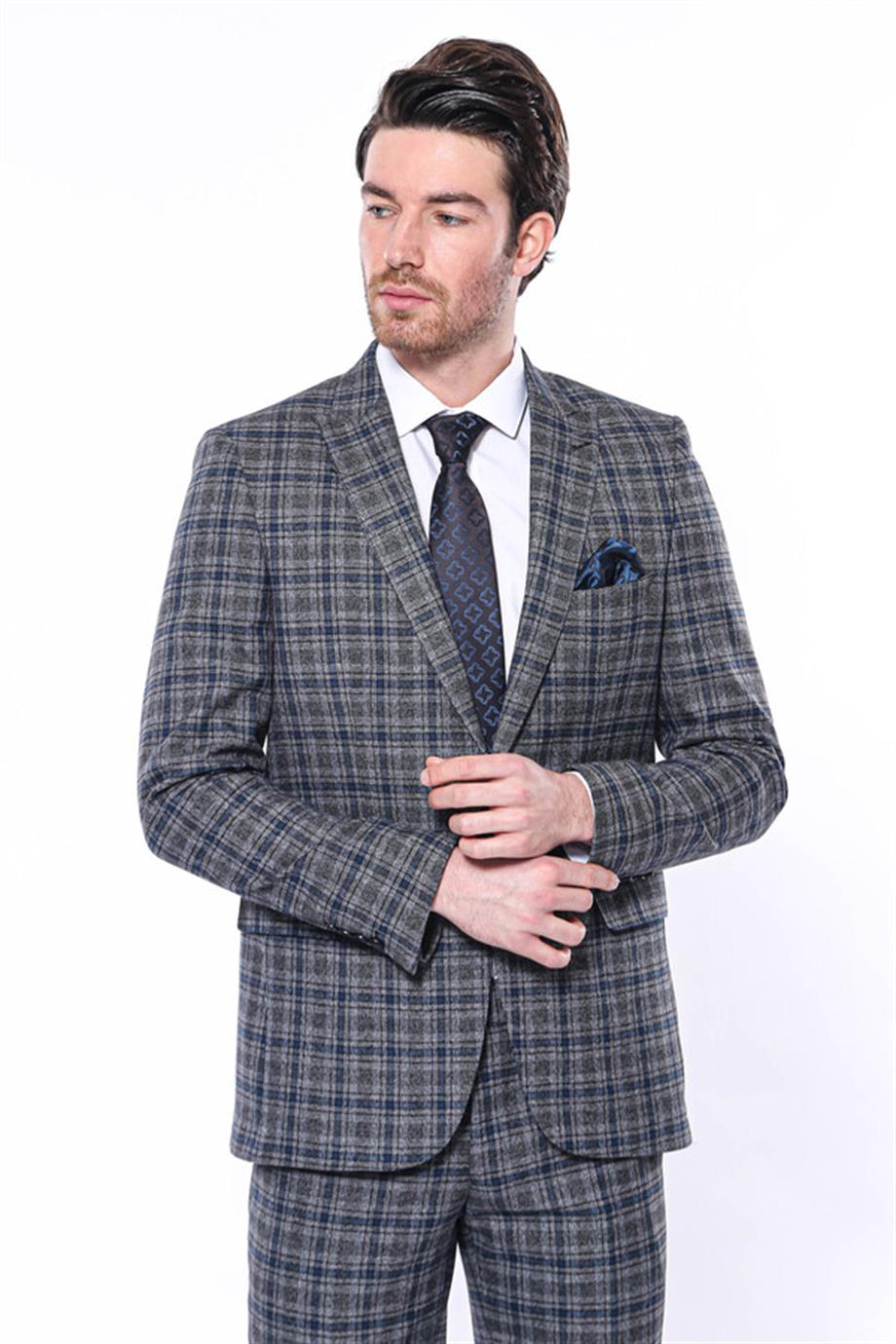 Ekose Slim Fit Lacivert Erkek Ceket