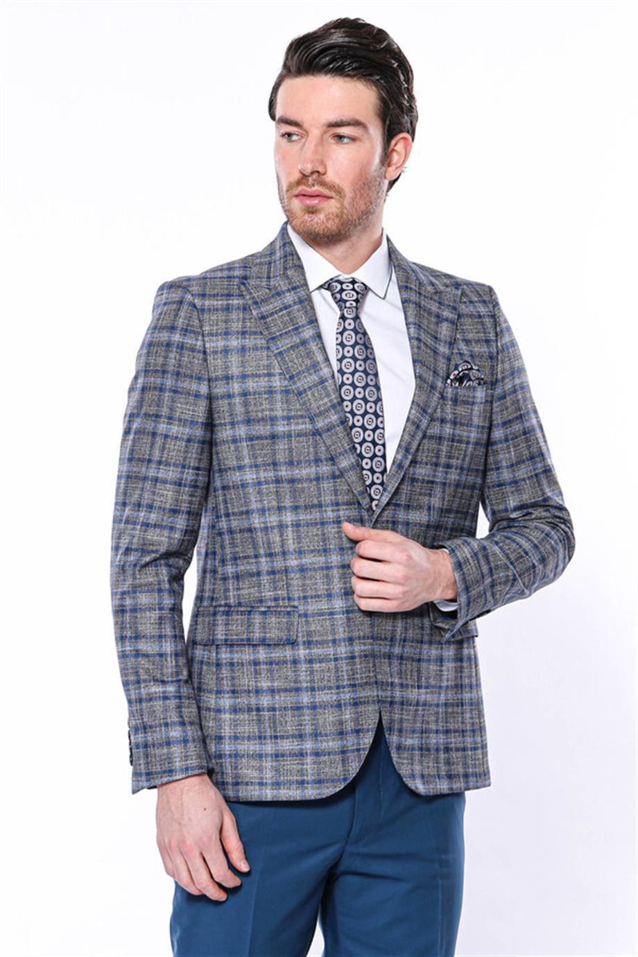 Ekose Slim Fit Tek Düğme Lacivert Erkek Ceket
