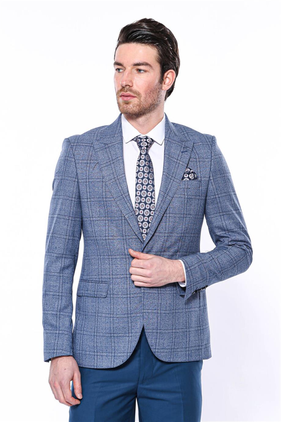 Ekose Slim Fit Tek Düğme Mavi Erkek Ceket