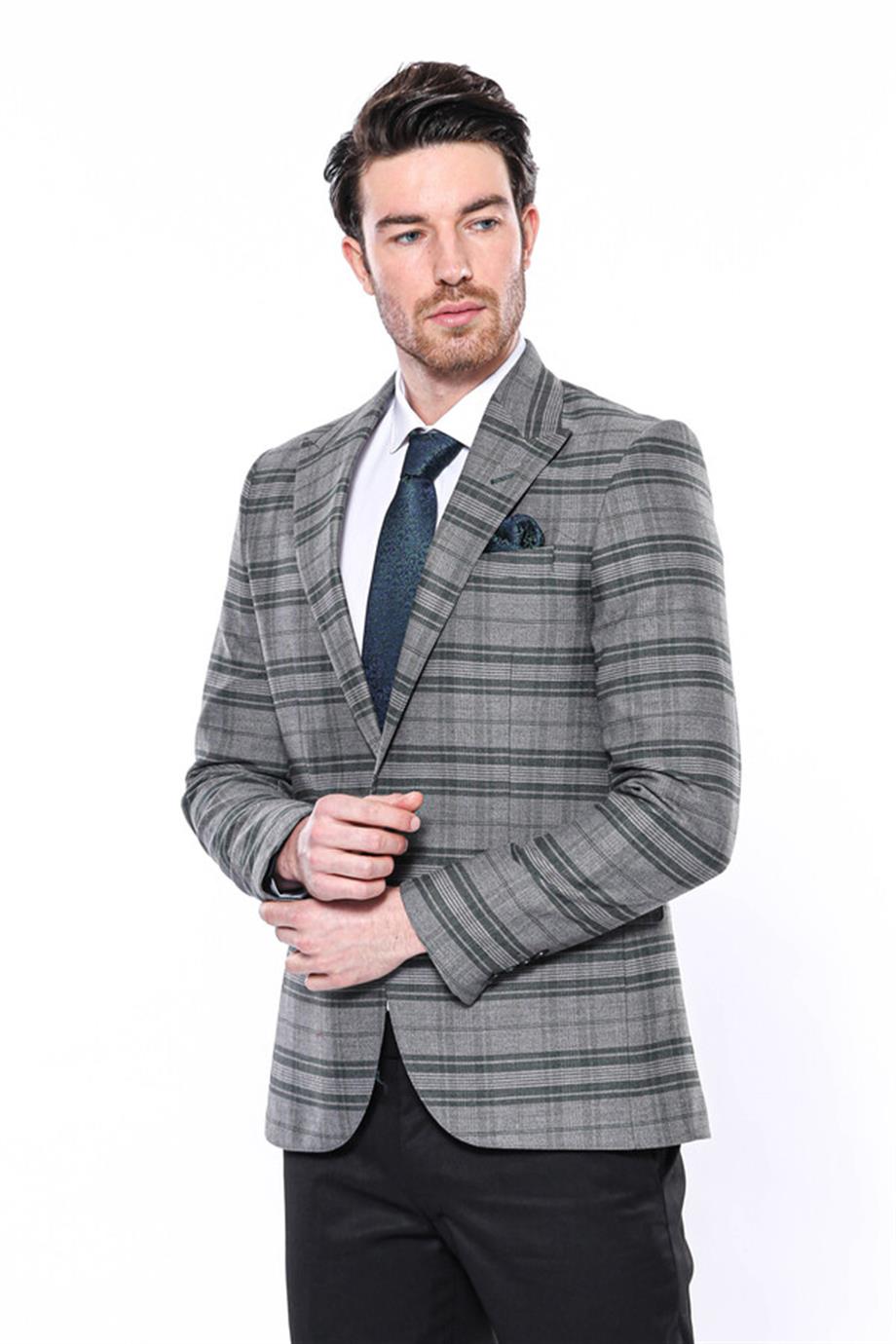Ekose Slim Fit Tek Düğme Yeşil Erkek Ceket