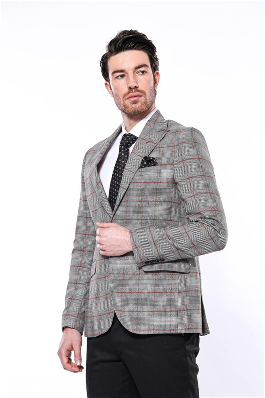 Ekose Tek Düğme Slim Fit Gri Erkek Ceket
