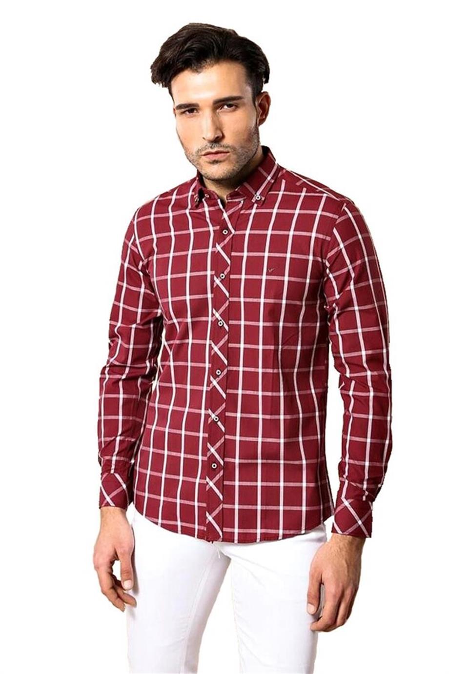 Ekoseli Slimfit Bordo Gömlek