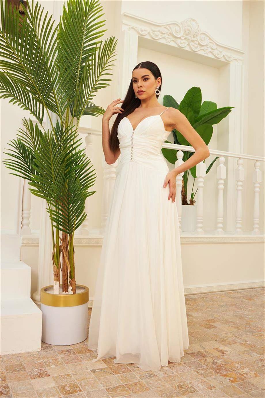 Ekru Şifon Askılı Yakası Taşlı Uzun Nikah Elbisesi