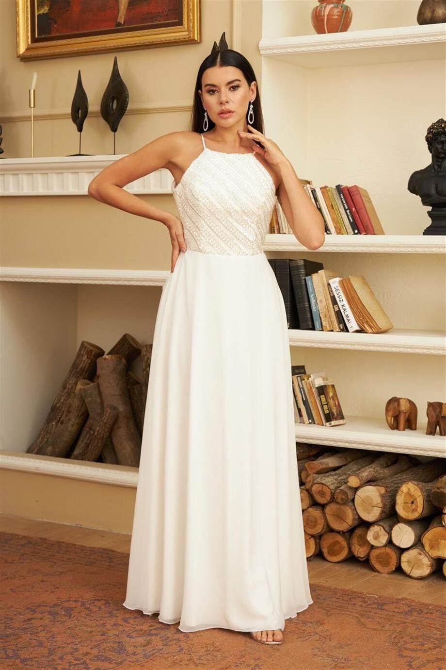 Ekru Şifon Pul Payetli Uzun Nikah Elbisesi