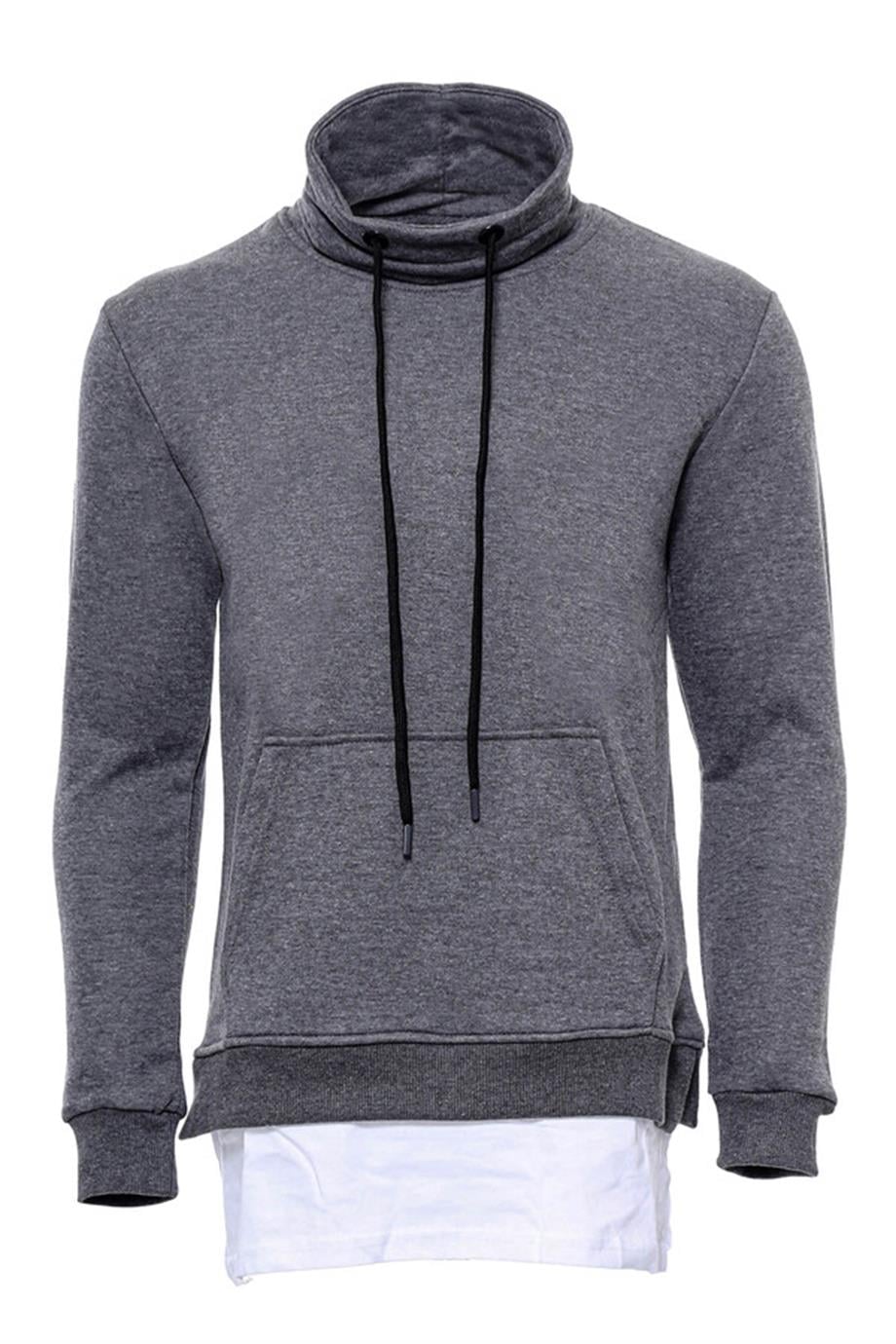 Erkek Şal Yaka T-shirt Detaylı Füme Sweatshirt