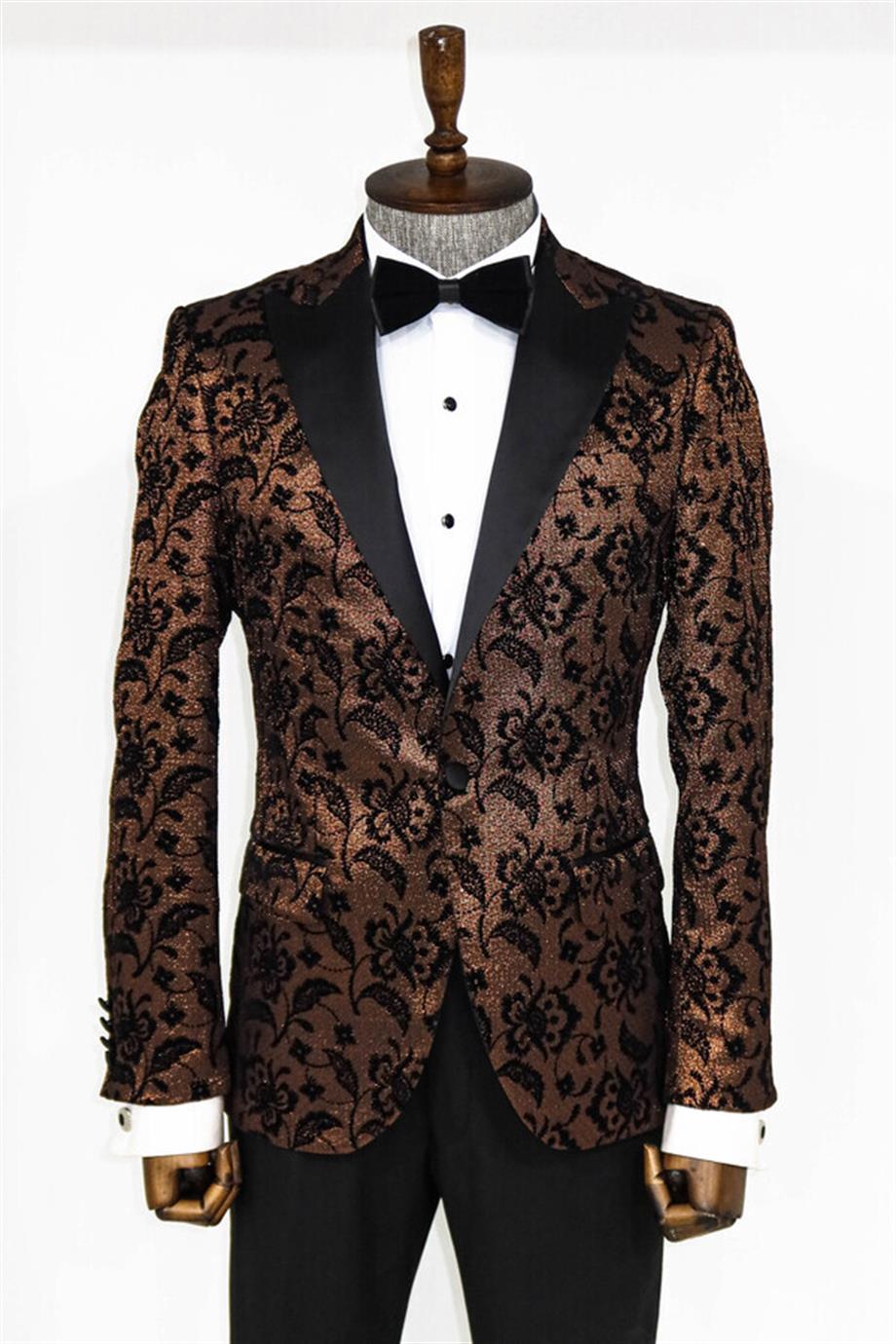Floral Desenli Sivri Yaka Gold Erkek Smokin Ceket