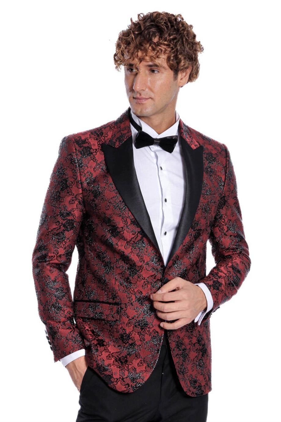 Floral Desenli Slim Fit Bordo Erkek Smokin Ceket