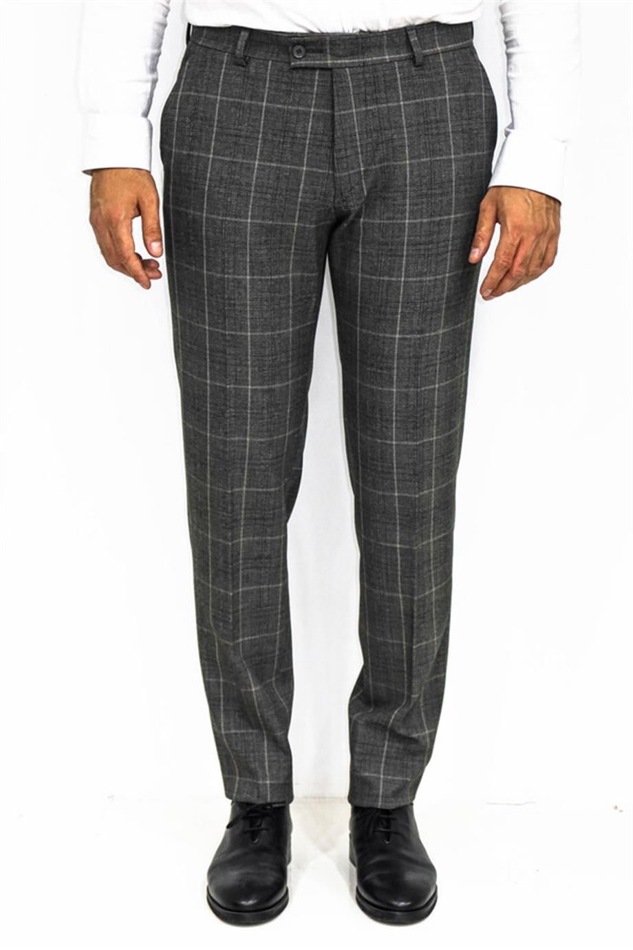 Füme Kare Desenli Slim Fit Pantolon