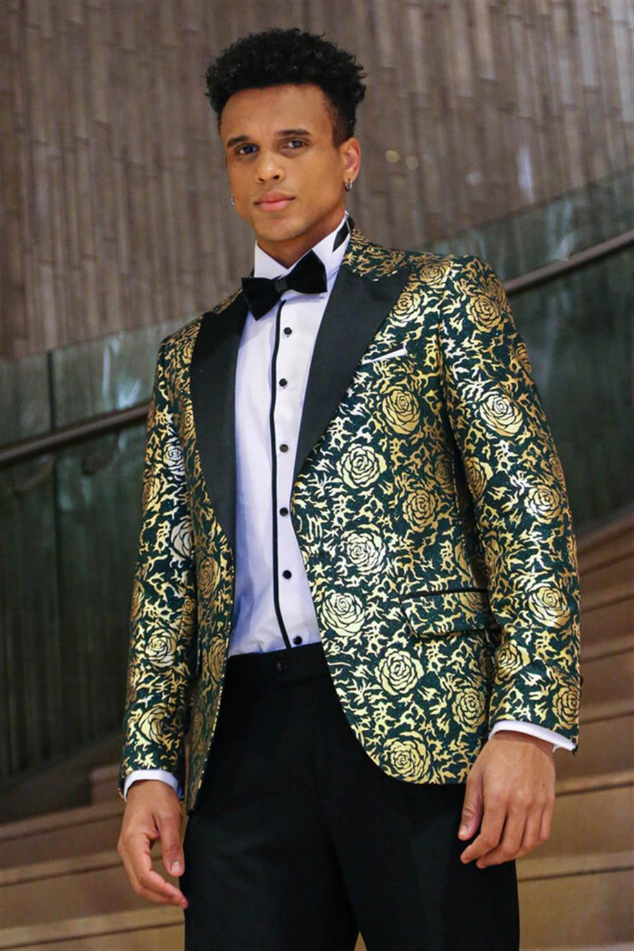 Gold Gül Desenli Slim Fit Yeşil Erkek Smokin Ceket