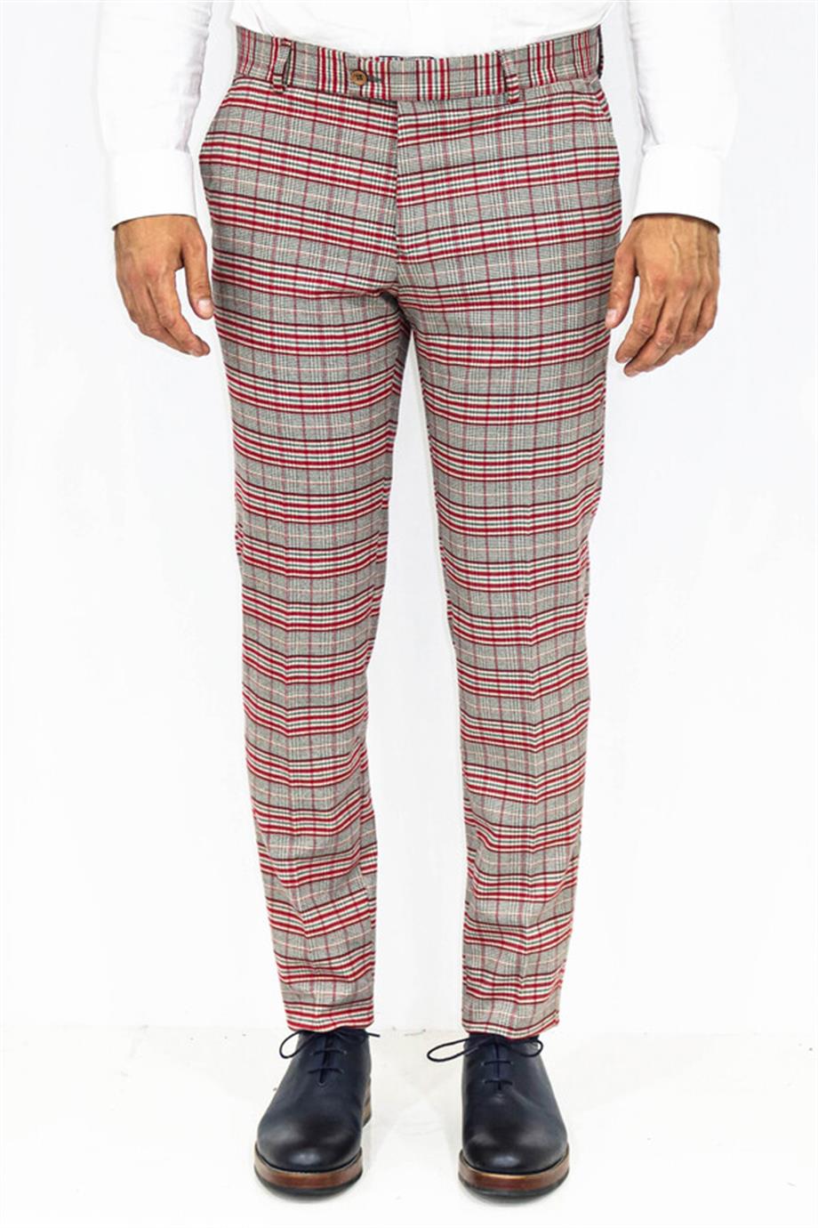 Gri Ekose Desenli Slim Fit Pantolon