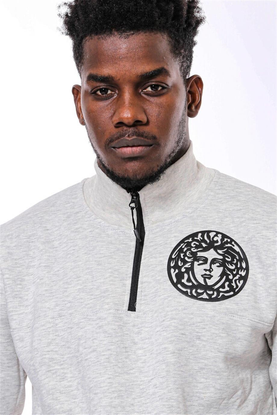 Gri Fermuarlı Baskılı Sweatshirt