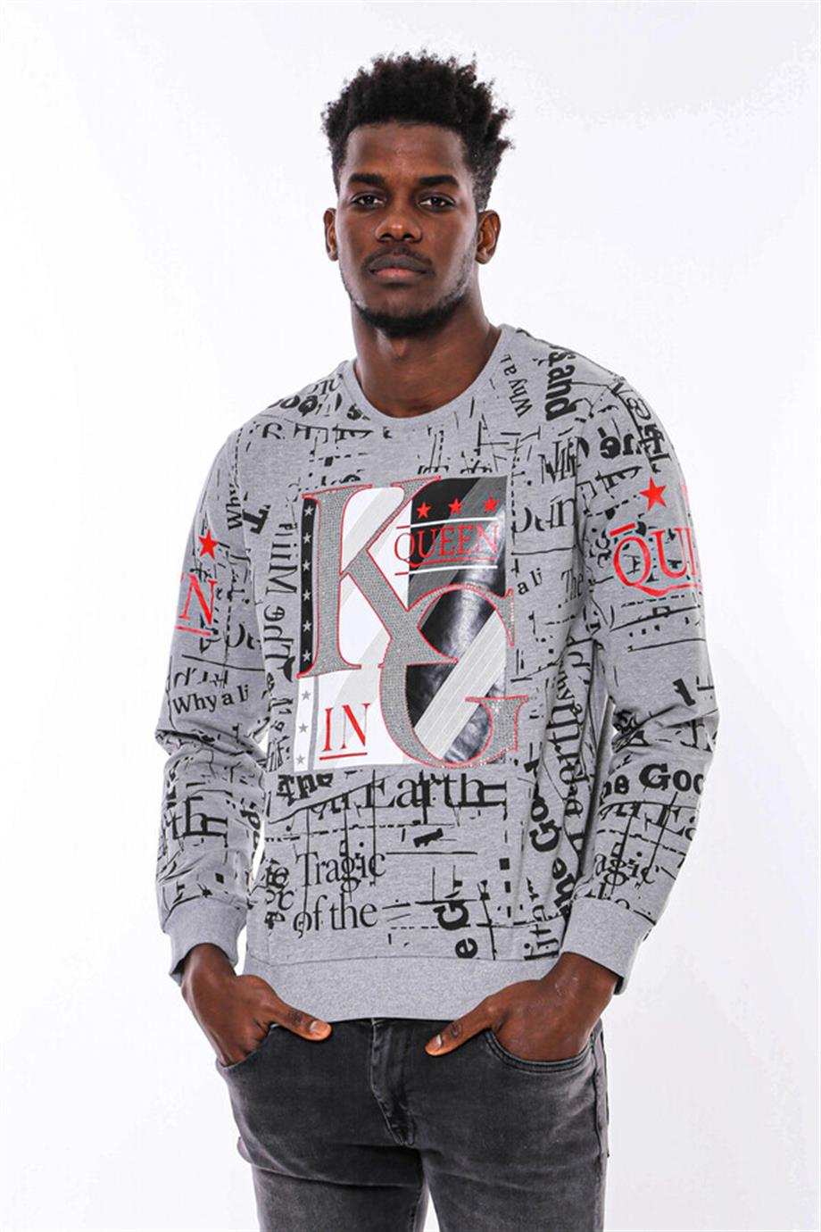Gri Taşlı Baskılı Desenli Sweatshirt