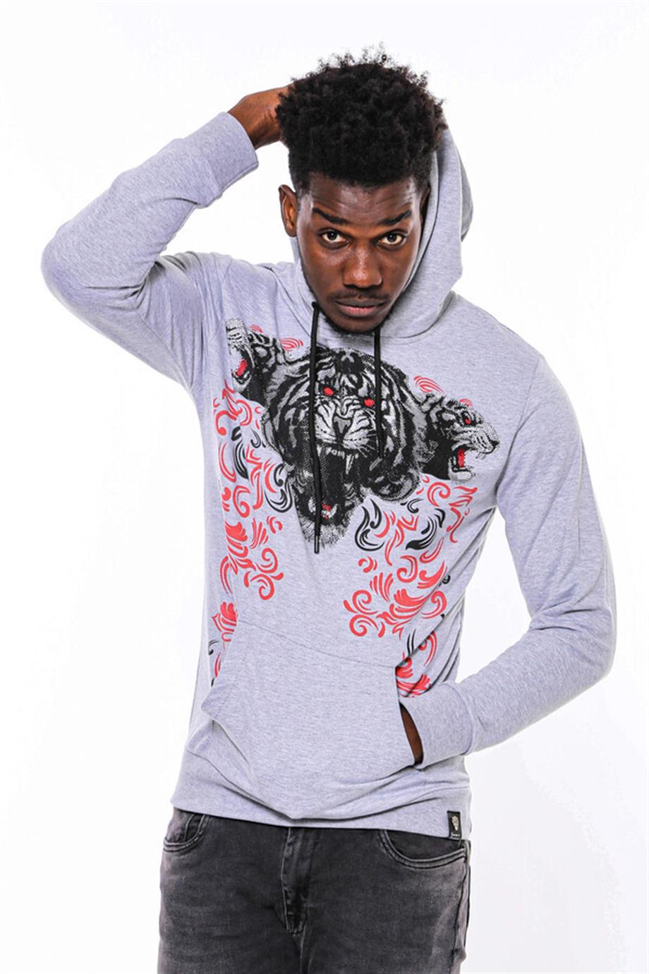 Gri Taşlı Baskılı Kapşonşlu Sweatshirt
