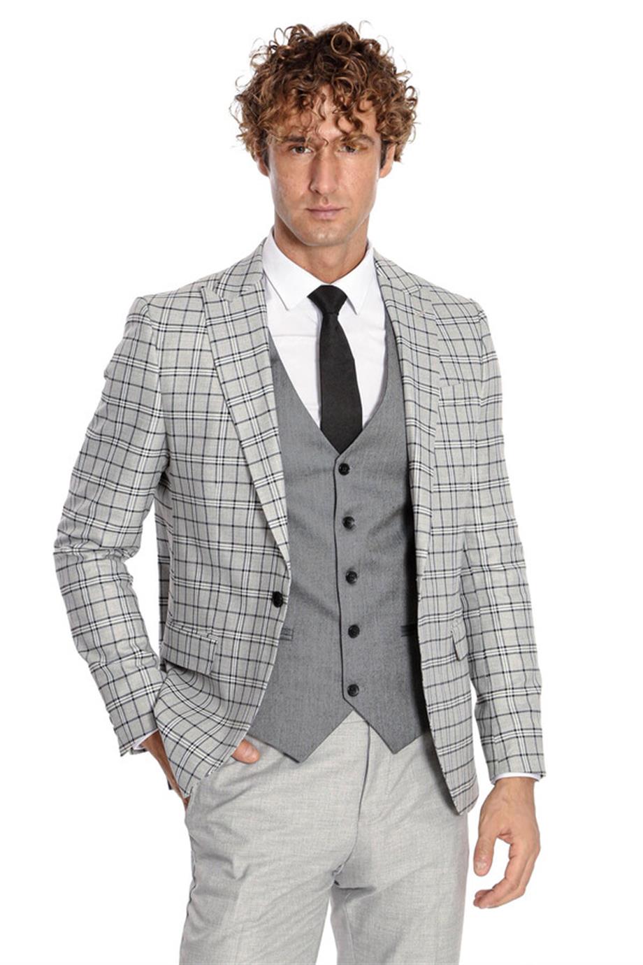 Gri Yelekli Slim Fit Ekose Açık Gri Erkek Takım Elbise
