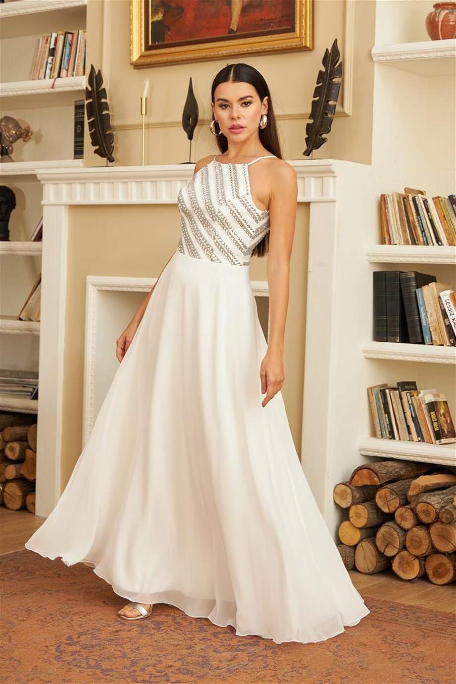Gümüş Şifon Pul Payetli Uzun Nikah Elbisesi