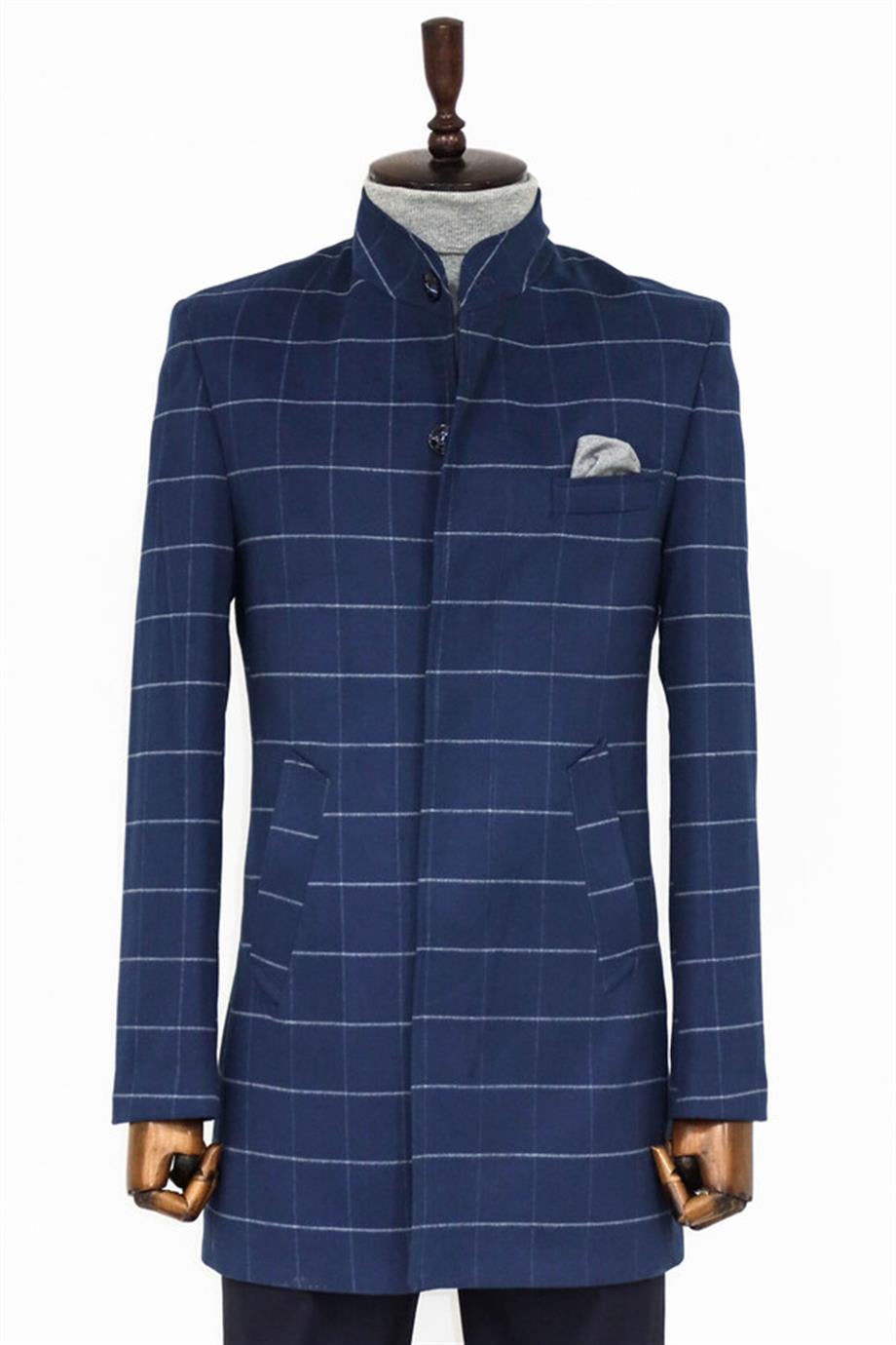 Hakim Yaka Kareli Mavi Erkek Kaban