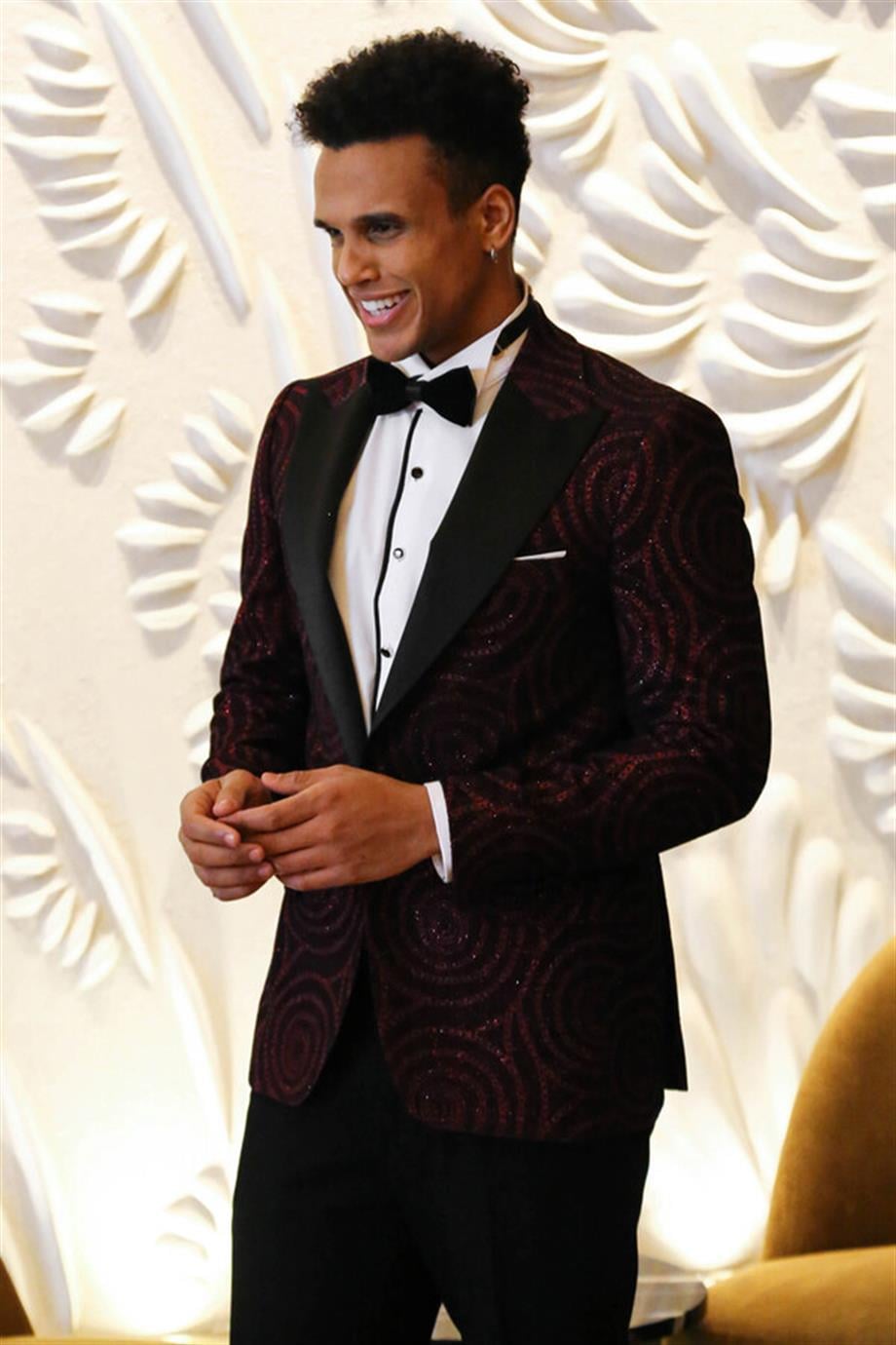 Hipnoz Desen Sivri Yaka Slim Fit Bordo Erkek Smokin Ceket