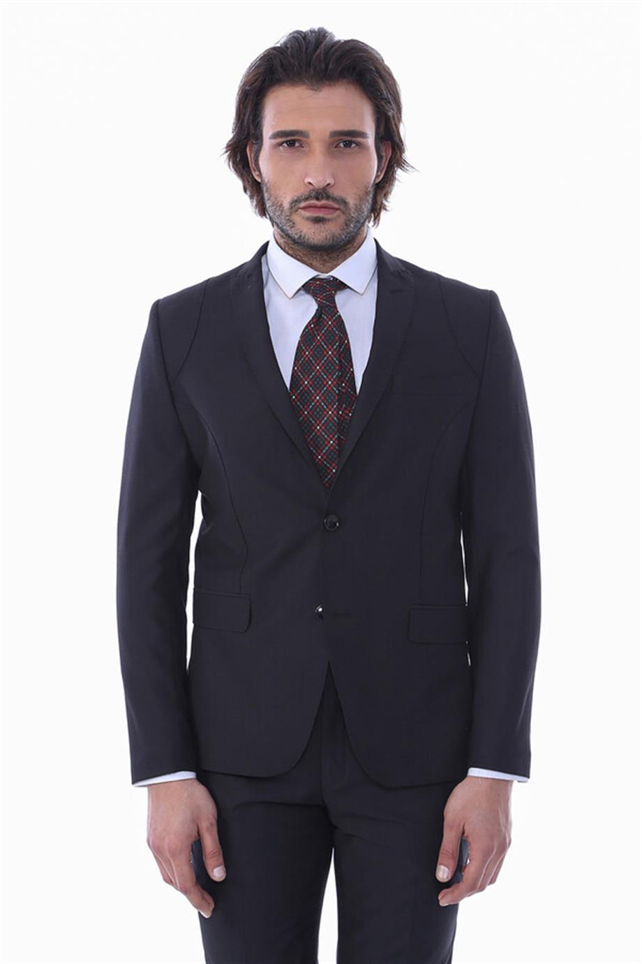 İki Parça Slim Fit Siyah Erkek Takım Elbise