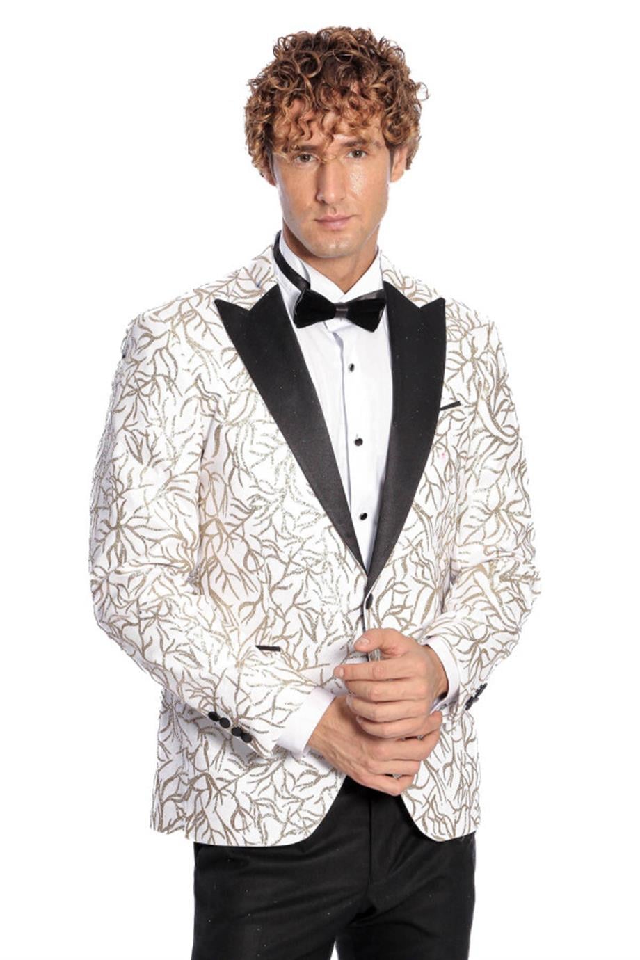 Işıltılı Sarmaşık Desenli Slim Fit Beyaz Erkek Smokin Ceket