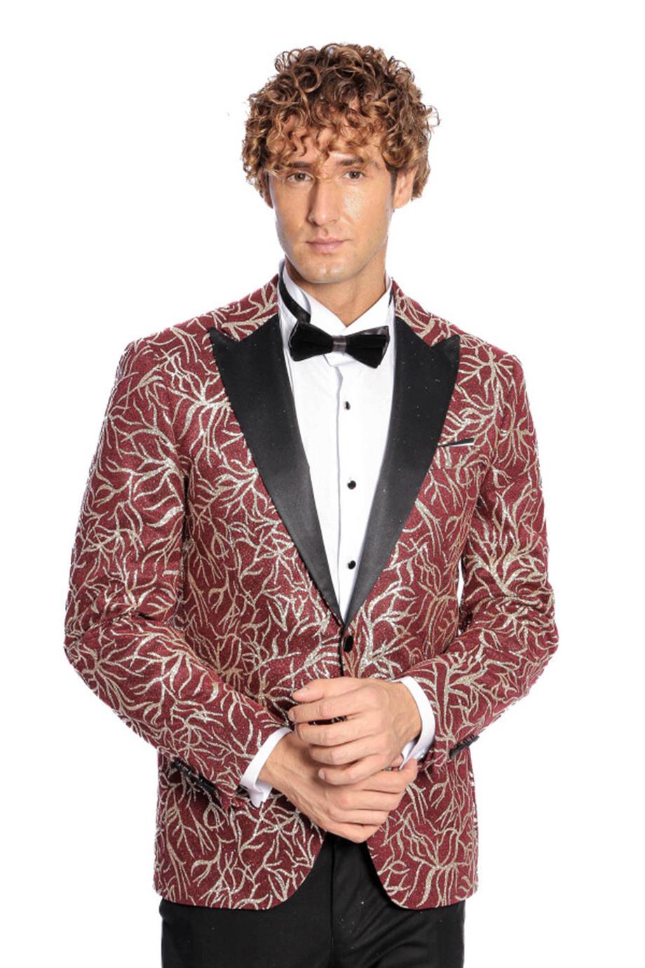 Işıltılı Sarmaşık Desenli Slim Fit Bordo Erkek Smokin Ceket