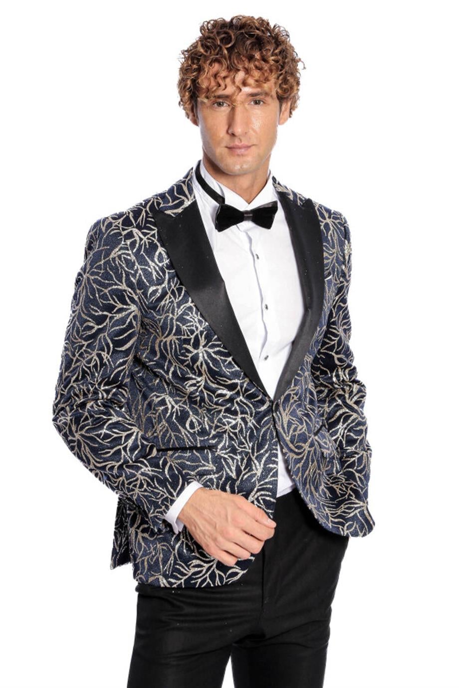 Işıltılı Sarmaşık Desenli Slim Fit Lacivert Erkek Smokin Ceket