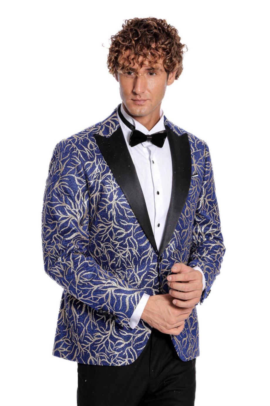 Işıltılı Sarmaşık Desenli Slim Fit Mavi Erkek Smokin Ceket