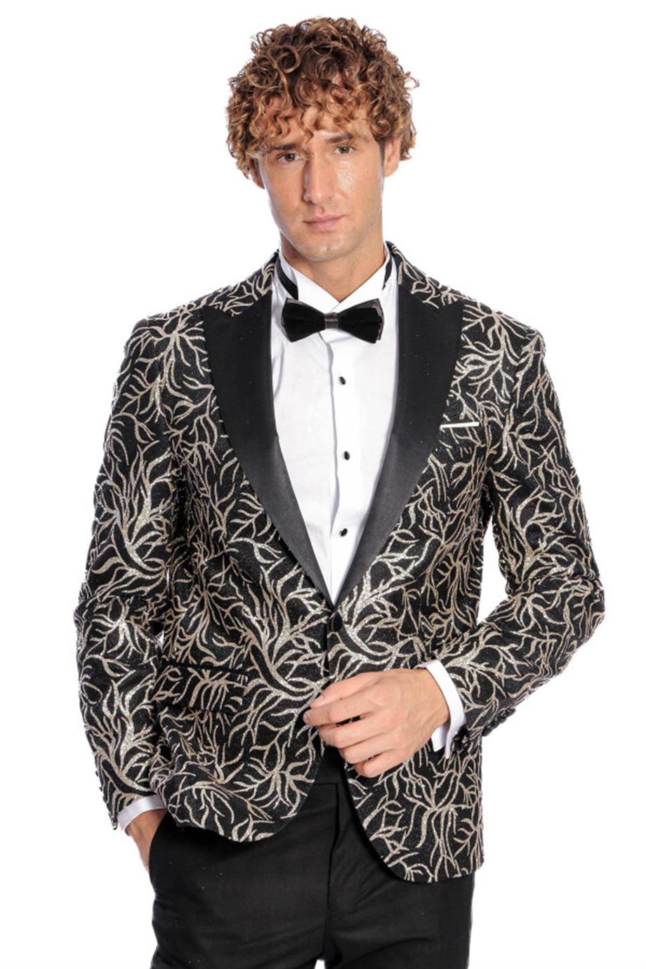 Işıltılı Sarmaşık Desenli Slim Fit Siyah Erkek Smokin Ceket