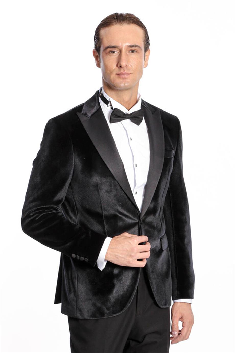 Kadife Slim Fit Siyah Erkek Smokin Ceket