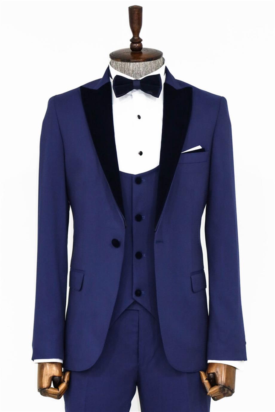 Kadife Yaka Slim Fit Mavi Erkek Damatlık