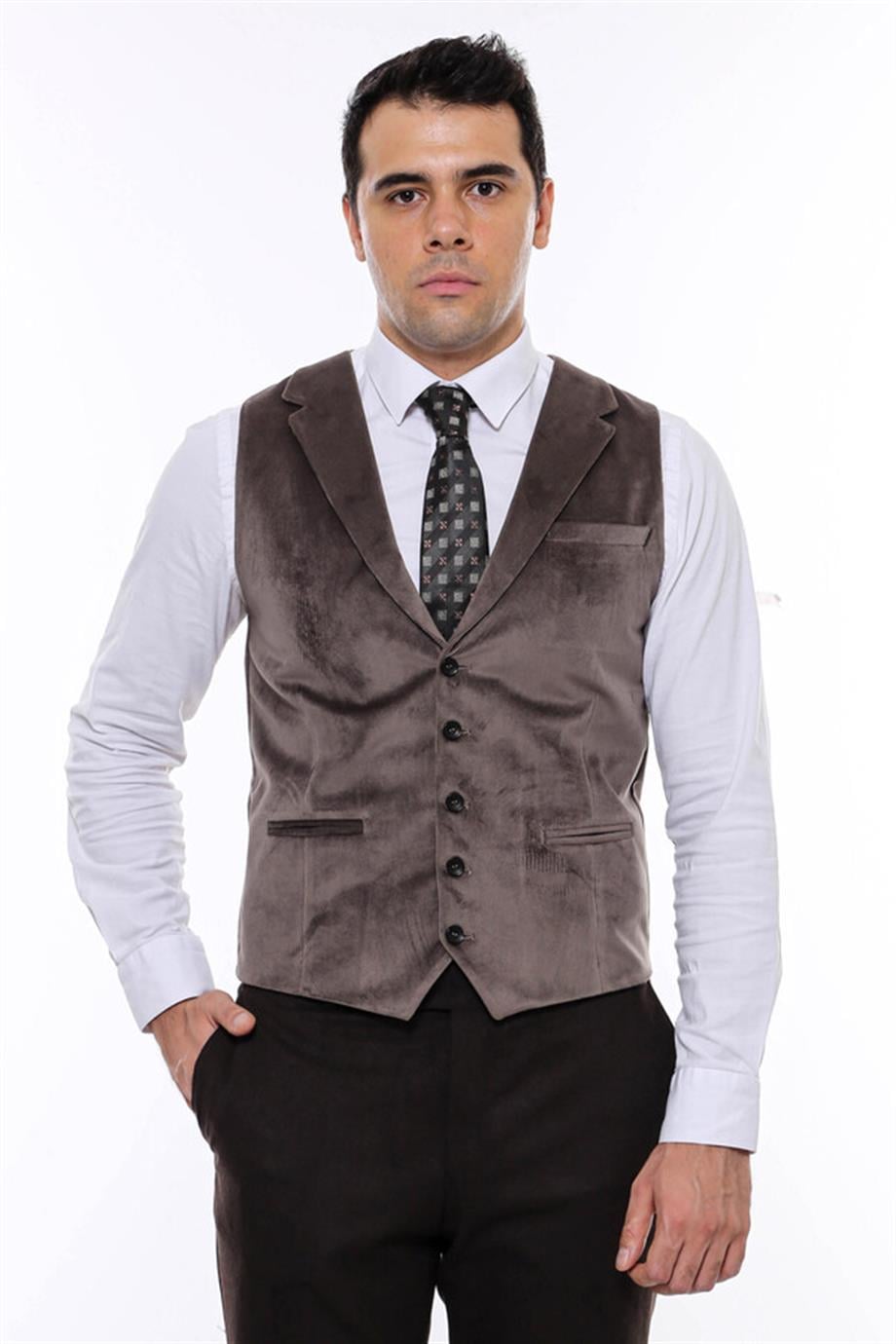 Kahverengi Ceket Yaka Slimfit Tek Yelek