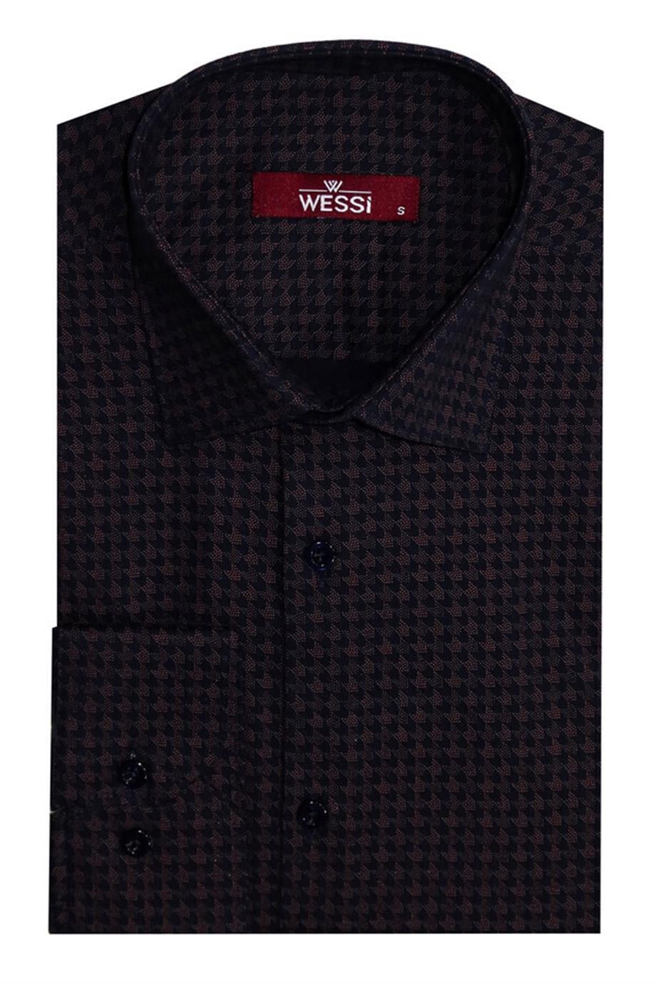 Kahverengi Kaz Ayağı Desenli Slim Fit Gömlek