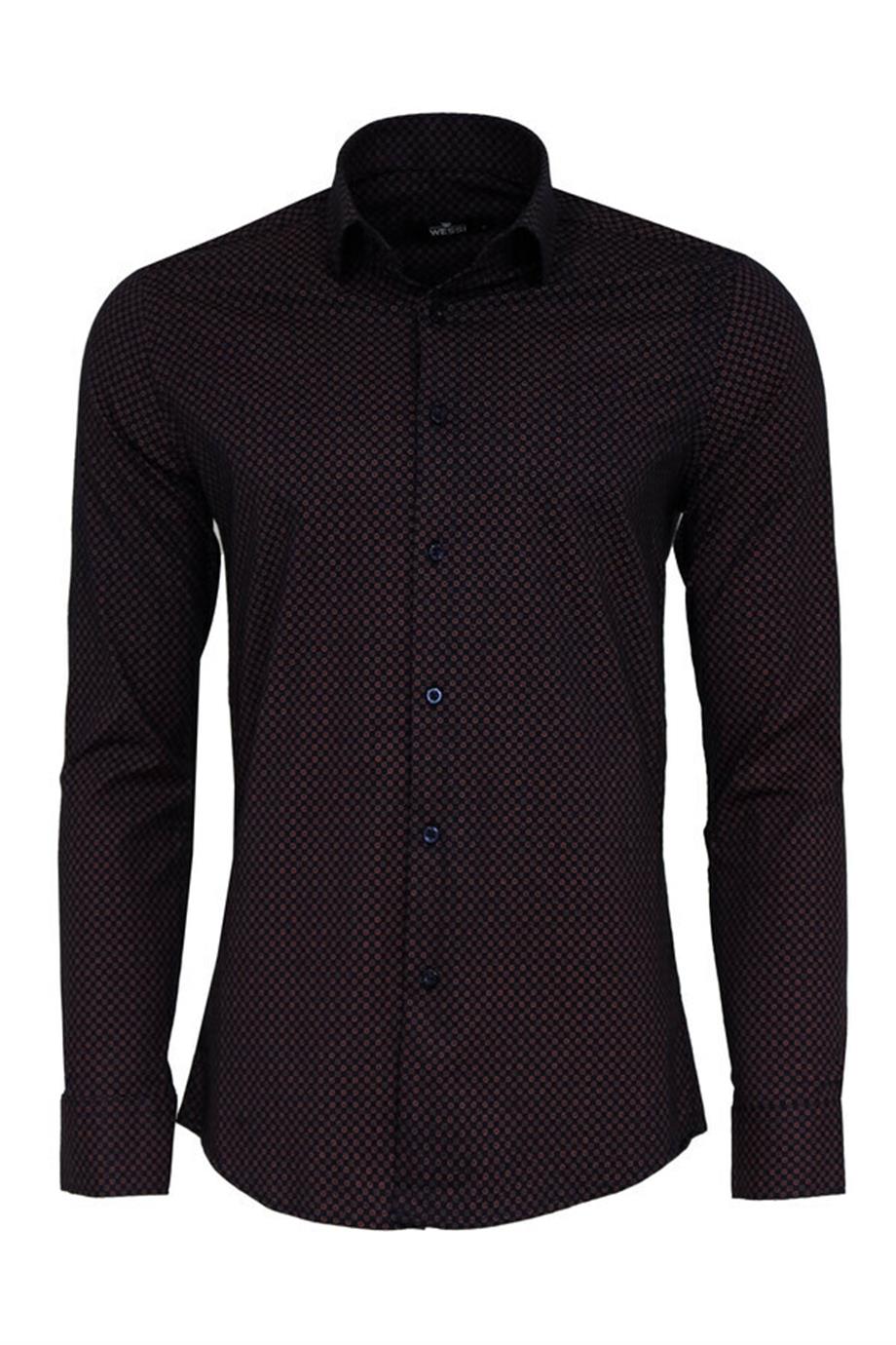 Kahverengi Mini Kare Desenli Slim Fit Gömlek