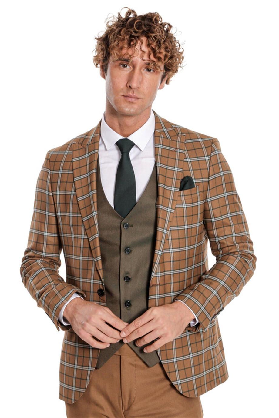 Kahverengi Yelekli Slim Fit Ekose Taba Erkek Takım Elbise
