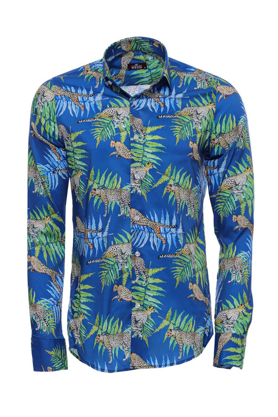 Kaplan Desenli Slim Fit Uzun Kollu Mavi Erkek Gömlek