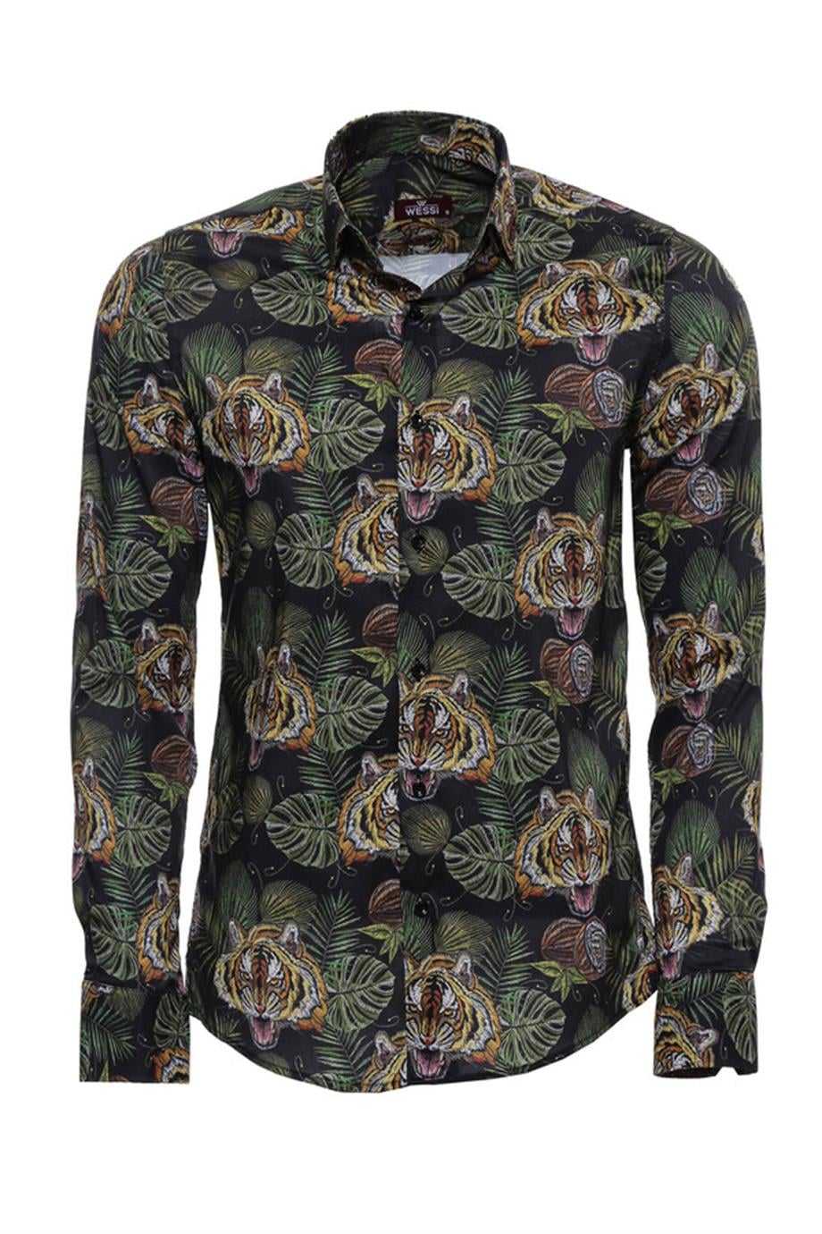 Kaplan Desenli Slim Fit Uzun Kollu Siyah Erkek Gömlek