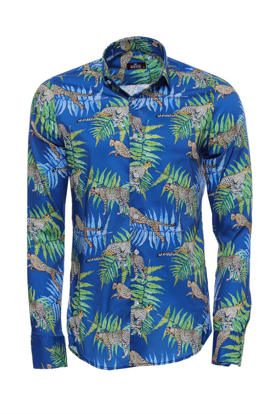 Kaplan Ve Yaprak Desenli Uzun Kollu Slim Fit Mavi Erkek Gömlek