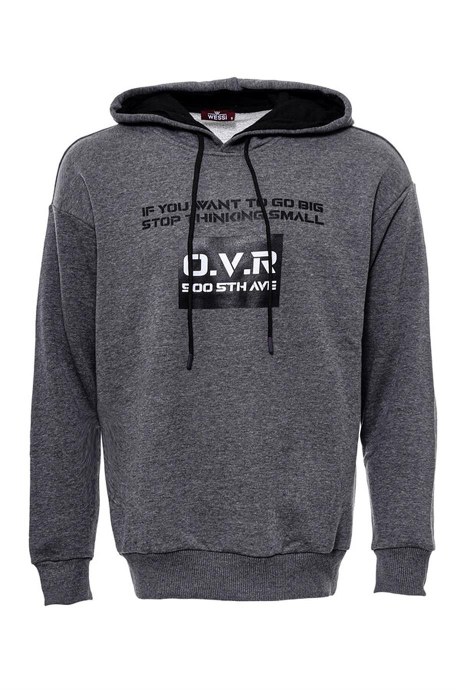 Kapşonlu Baskılı Füme Erkek Sweat
