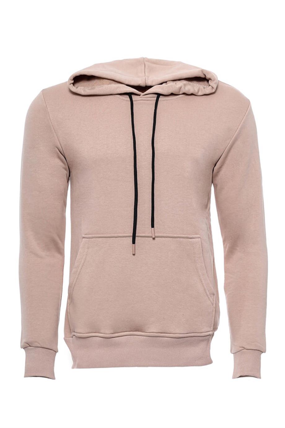 Kapşonlu Cepli Düz Bej Erkek Sweat