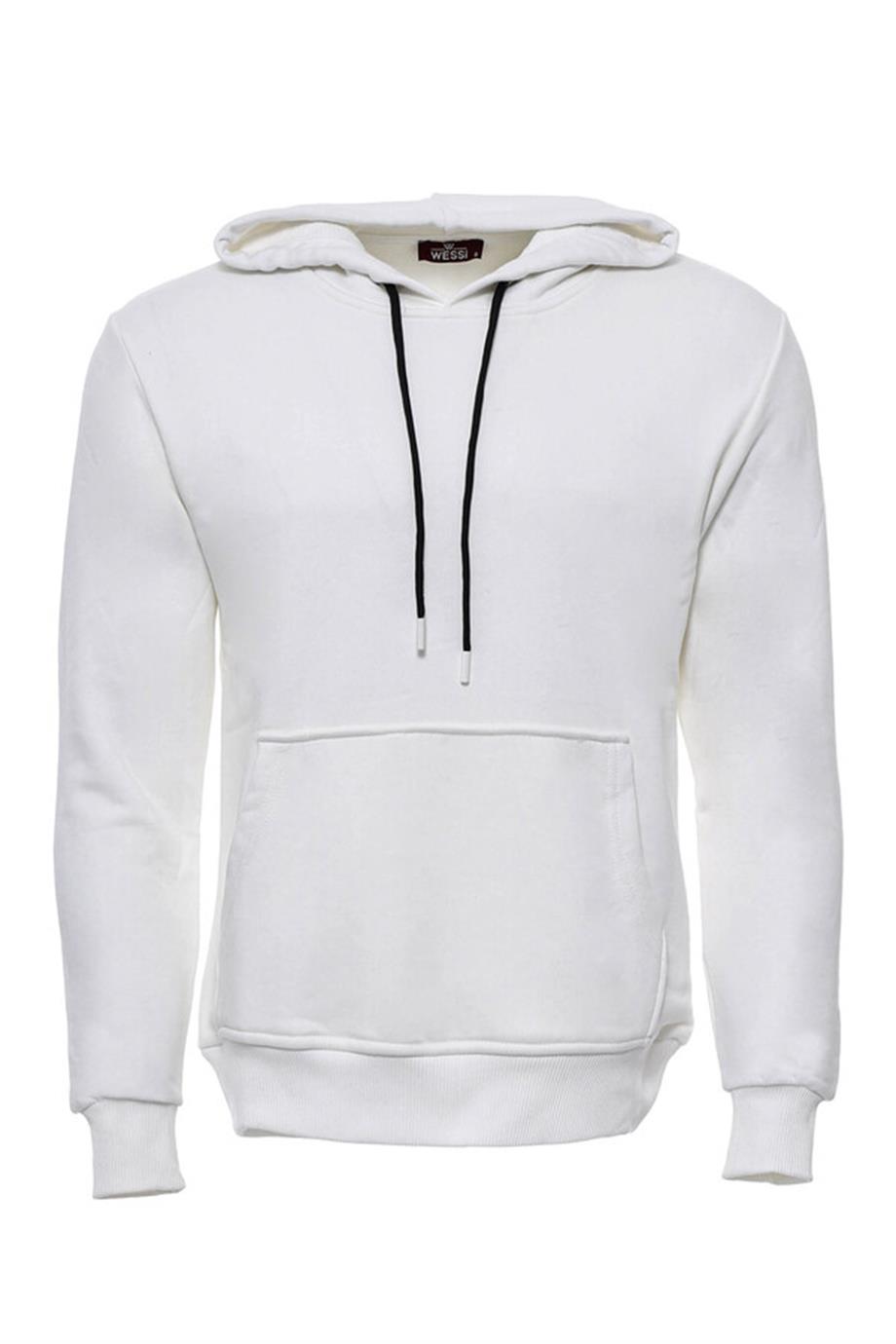 Kapşonlu Cepli Düz Krem Erkek Sweat
